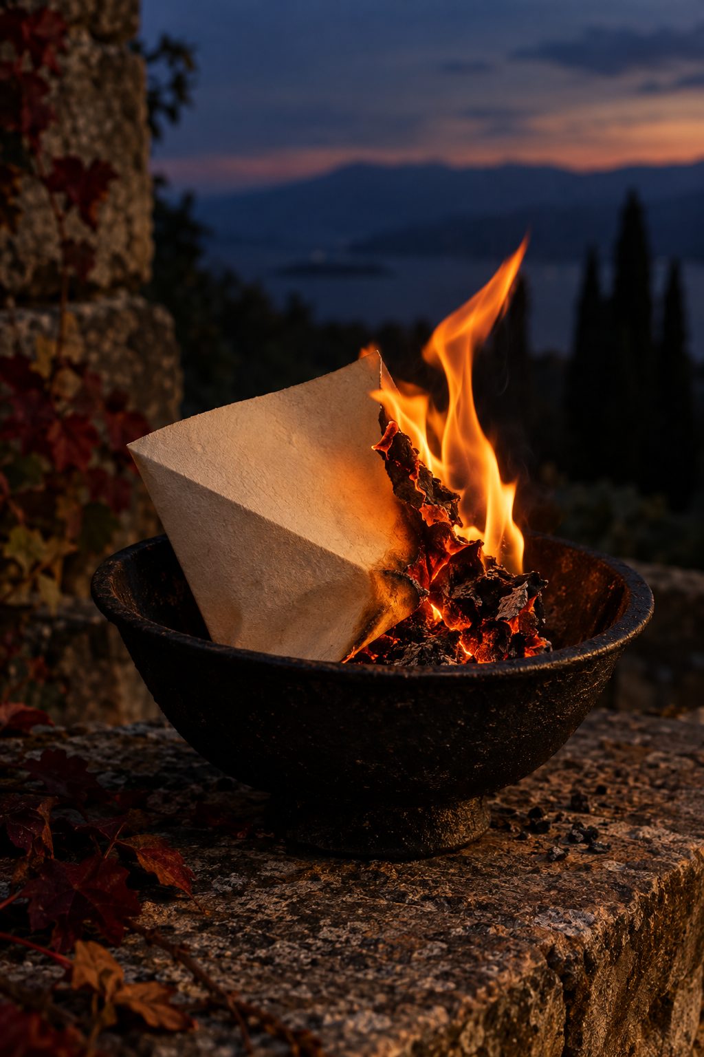 A folded poem burning in a cast-iron bowl